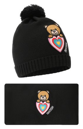 Детский комплект из шапки и шарфа MOSCHINO черного цвета по цене 13700 руб., арт. HDX015/LHE18 | Фото 1 Детский комплект из шапки и шарфа MOSCHINO черного цвета, арт. HDX015/LHE18 | Фото 1 (Тематический товар: Teddy Bear; Материал: Текстиль, Шерсть, Синтетический материал)