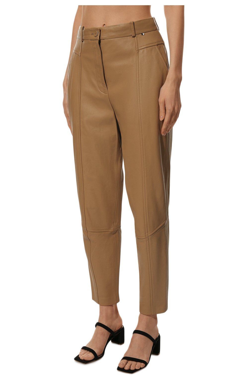 Женские кожаные брюки BOSS бежевого цвета, арт. 50476100 | Фото 3 (Длина (брюки, джинсы): Стандартные; Материал внешний: Натуральная кожа)