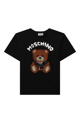 Детская хлопковая футболка MOSCHINO черного цвета, арт. HUM03S/LBA12/4A-8A | Фото 1 (Девочки Кросс-КТ: футболка-одежда; Рукава: Короткие; Материал внешний: Хлопок)
