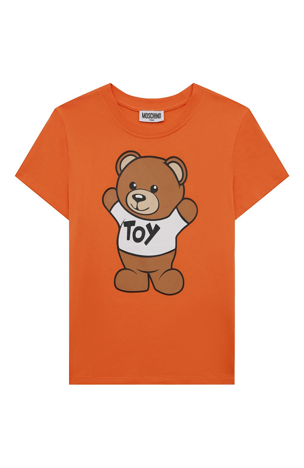 Детская хлопковая футболка MOSCHINO оранжевого цвета, арт. HUM03U/LAA01/4A-8A | Фото 1 (Девочки Кросс-КТ: футболка-одежда; Рукава: Короткие; Материал внешний: Хлопок)