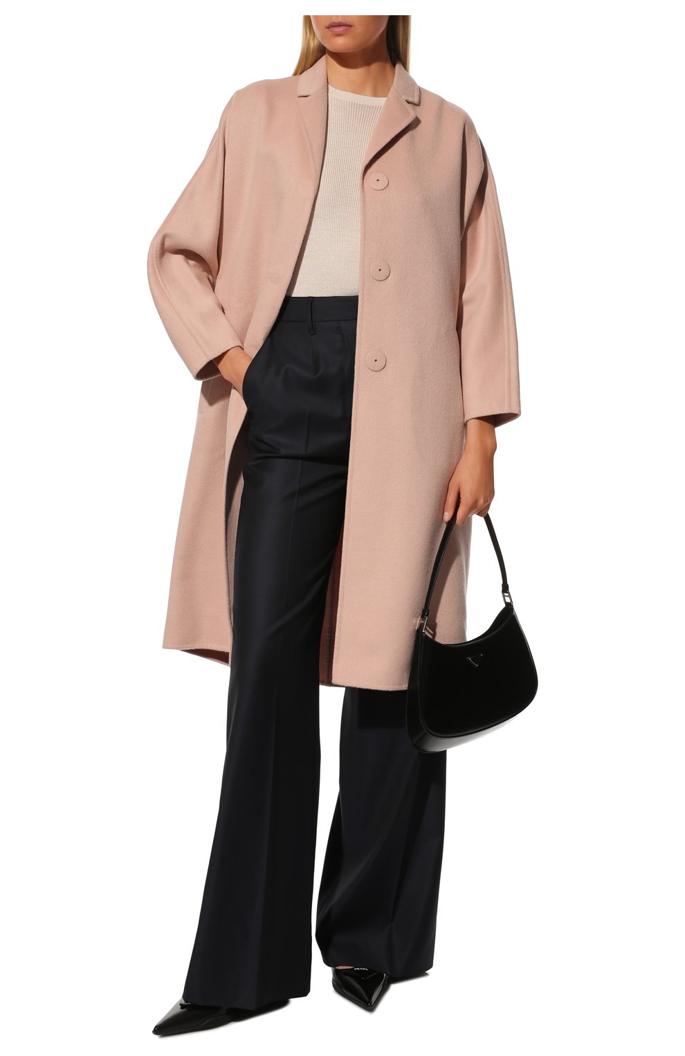 Женское шерстяное пальто PRADA розового цвета, арт. P692NL-1CRU-F0236-211 | Фото 2 (Материал внешний: Шерсть; Рукава: Длинные; Длина (верхняя одежда): До колена; 1-2-бортные: Однобортные; Стили: Кэжуэл)