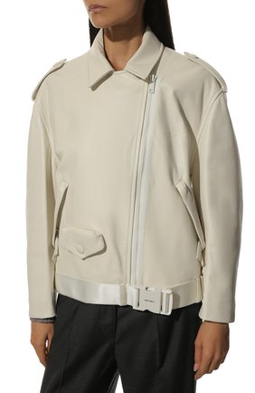 Женская кожаная куртка PRADA белого цвета, арт. 58A063-FLY-F0009 | Фото 3 (Кросс-КТ: Куртка; Рукава: Длинные; Стили: Гранж; Материал внешний: Натуральная кожа; Женское Кросс-КТ: Замша и кожа; Длина (верхняя одежда): Короткие)