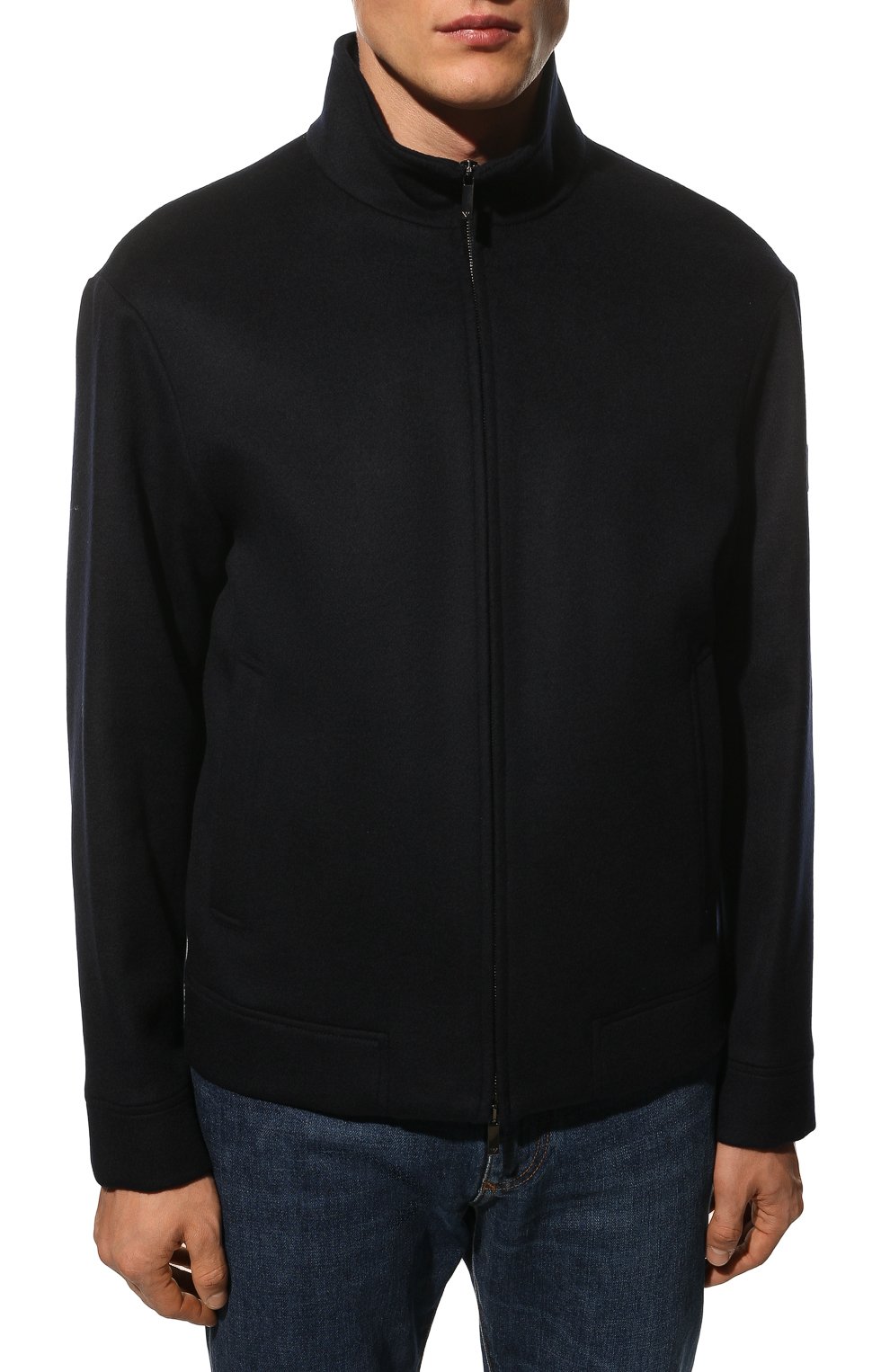 Мужская утепленная куртка EMPORIO ARMANI темно-синего цвета, арт. H31R42/C1452 | Фото 3 (Кросс-КТ: Куртка; Материал внешний: Шерсть; Рукава: Длинные; Мужское Кросс-КТ: утепленные куртки; Материал подклада: Синтетический материал; Длина (верхняя одежда): Короткие; Стили: Кэжуэл)