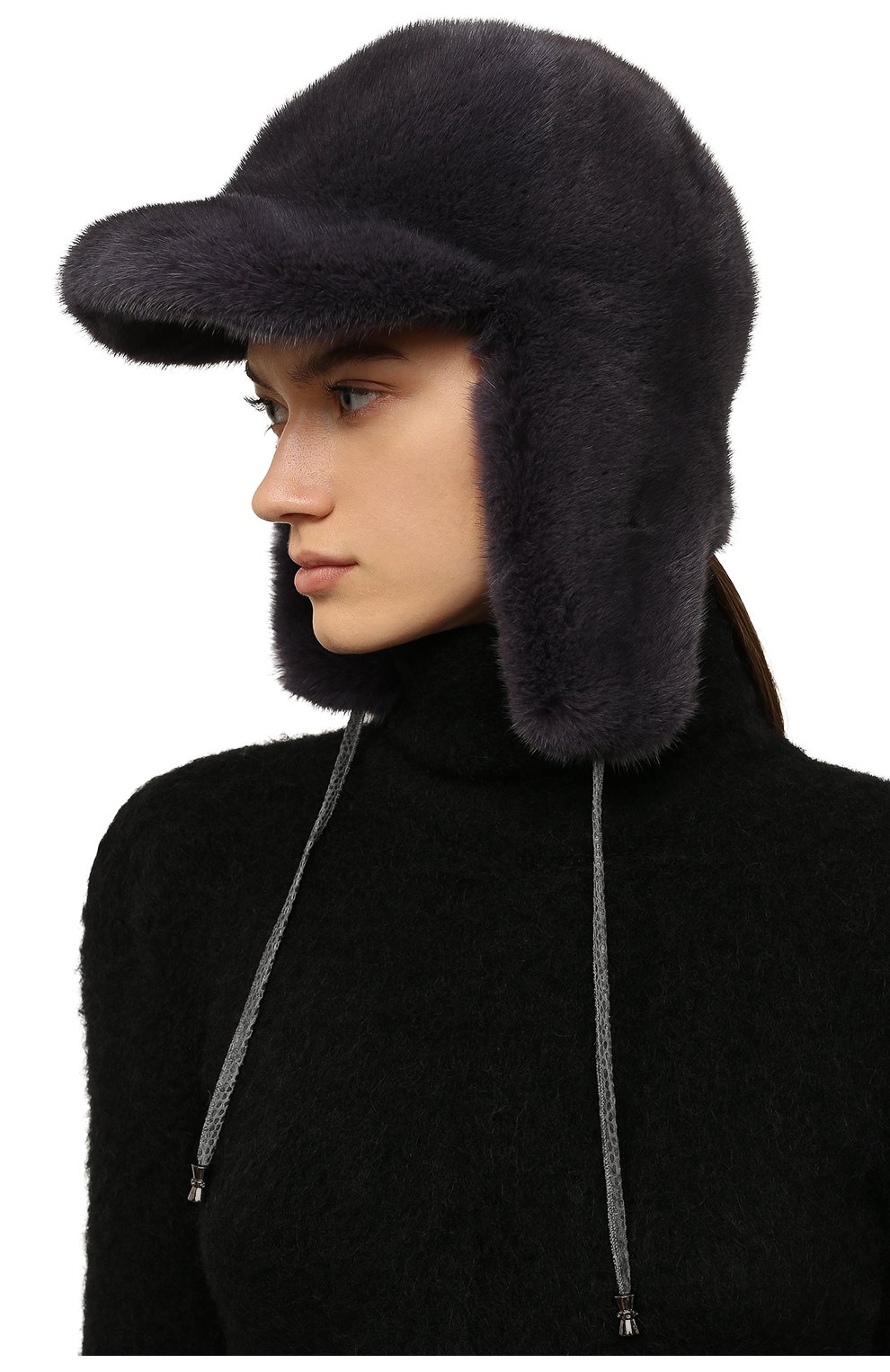 Женская шапка-ушанка из меха норки KUSSENKOVV серого цвета, арт. 090100089226 | Фото 2 (Материал: Натуральный мех)