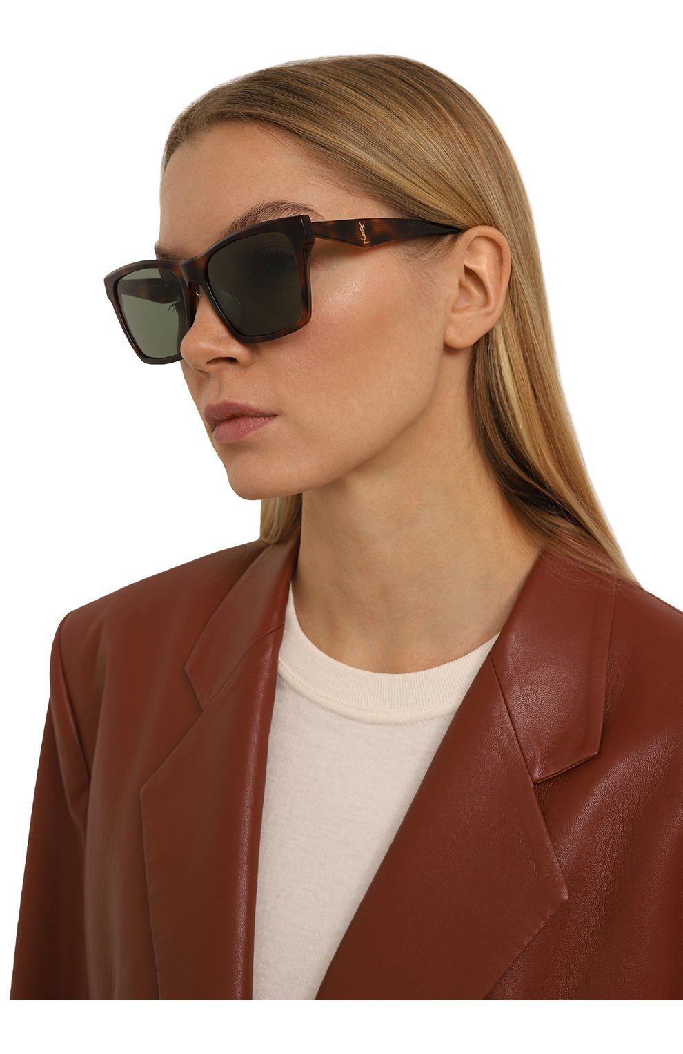 Женские солнцезащитные очки SAINT LAURENT коричневого цвета, арт. SL M104/F 003 | Фото 2 (Материал: Пластик; Тип очков: С/з; Очки форма: Квадратные; Оптика Гендер: оптика-женское)