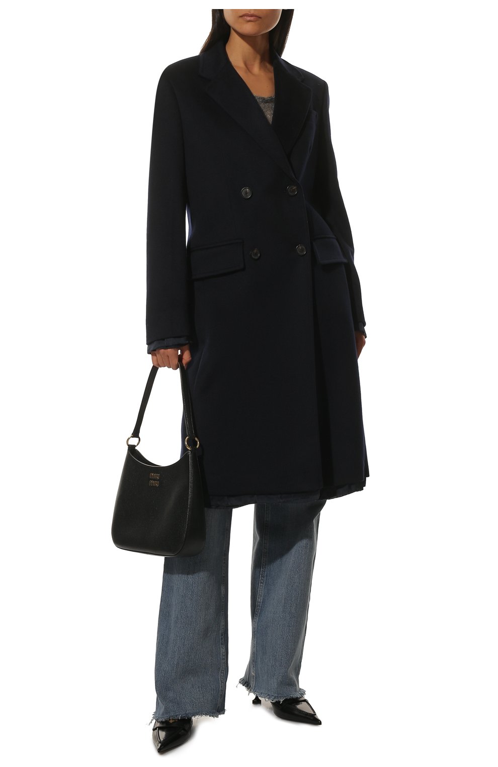 Женское пальто из шерсти и кашемира MIU MIU темно-синего цвета, арт. MS1894-W38-F0008 | Фото 2 (Материал внешний: Шерсть; Рукава: Длинные; Длина (верхняя одежда): До колена; 1-2-бортные: Двубортные; Стили: Кэжуэл)