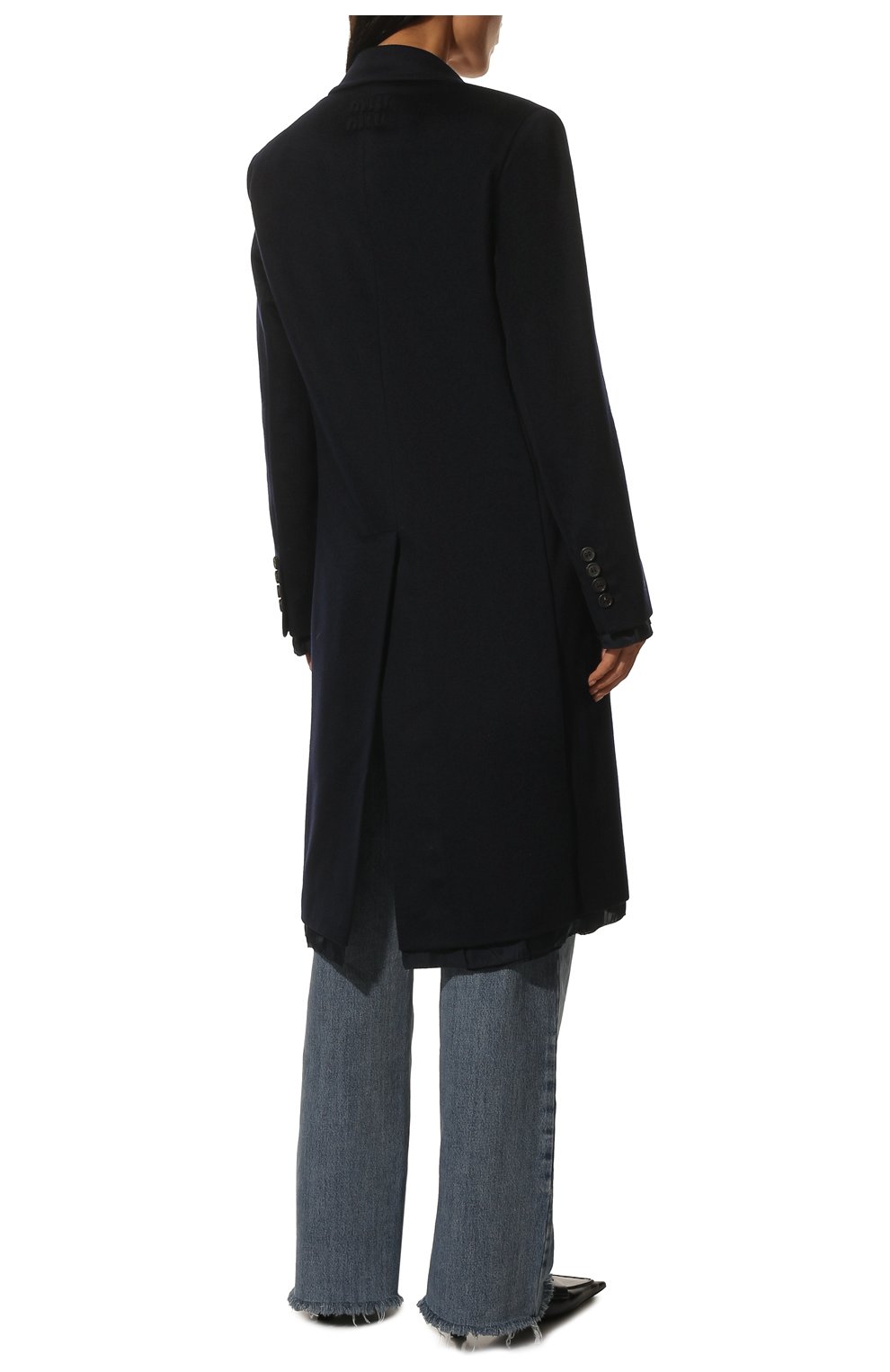 Женское пальто из шерсти и кашемира MIU MIU темно-синего цвета, арт. MS1894-W38-F0008 | Фото 4 (Материал внешний: Шерсть; Рукава: Длинные; Длина (верхняя одежда): До колена; 1-2-бортные: Двубортные; Стили: Кэжуэл)