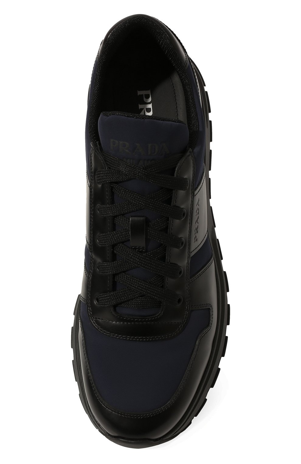 Мужские комбинированные кроссовки PRADA темно-синего цвета, арт. 4E3463-3KYU-F0LZS-G000 | Фото 6 (Материал внешний: Текстиль; Стили: Классический; Материал утеплителя: Без утеплителя; Подошва: Массивная)