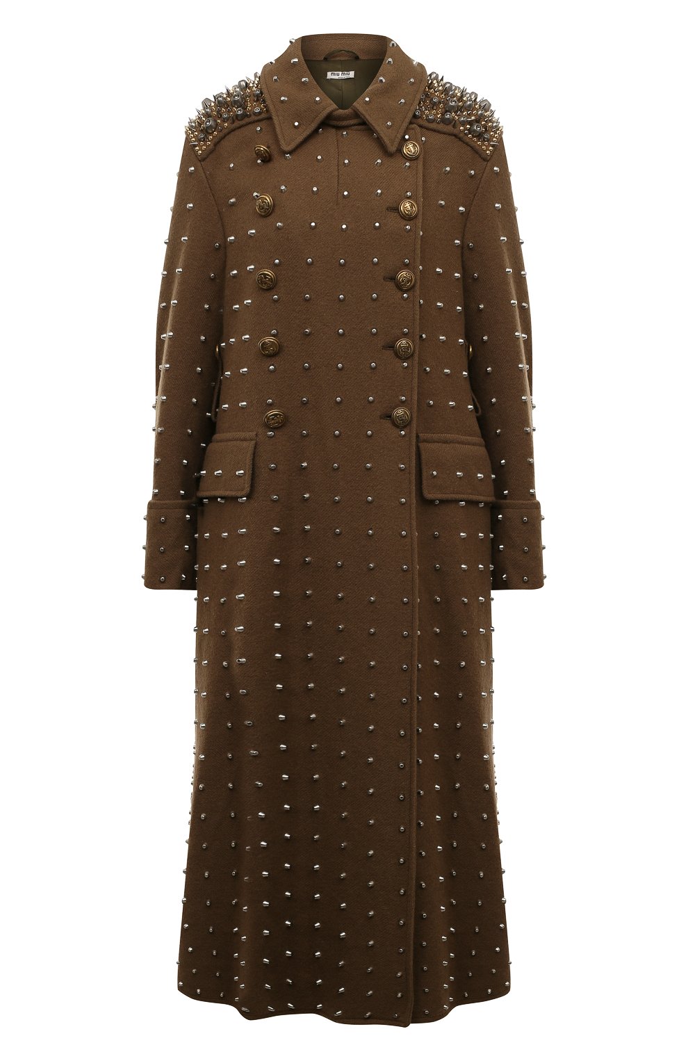 Женское шерстяное пальто MIU MIU темно-коричневого цвета, арт. MS1860-1ZQT-F0046 | Фото 1 (Материал внешний: Шерсть; Рукава: Длинные; Стили: Гламурный; Длина (верхняя одежда): Длинные; 1-2-бортные: Однобортные)