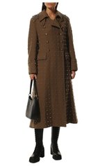 Женское шерстяное пальто MIU MIU темно-коричневого цвета, арт. MS1860-1ZQT-F0046 | Фото 2 (Материал внешний: Шерсть; Рукава: Длинные; Стили: Гламурный; Длина (верхняя одежда): Длинные; 1-2-бортные: Однобортные)