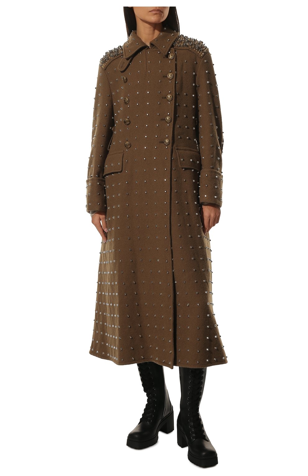 Женское шерстяное пальто MIU MIU темно-коричневого цвета, арт. MS1860-1ZQT-F0046 | Фото 3 (Материал внешний: Шерсть; Рукава: Длинные; Стили: Гламурный; Длина (верхняя одежда): Длинные; 1-2-бортные: Однобортные)