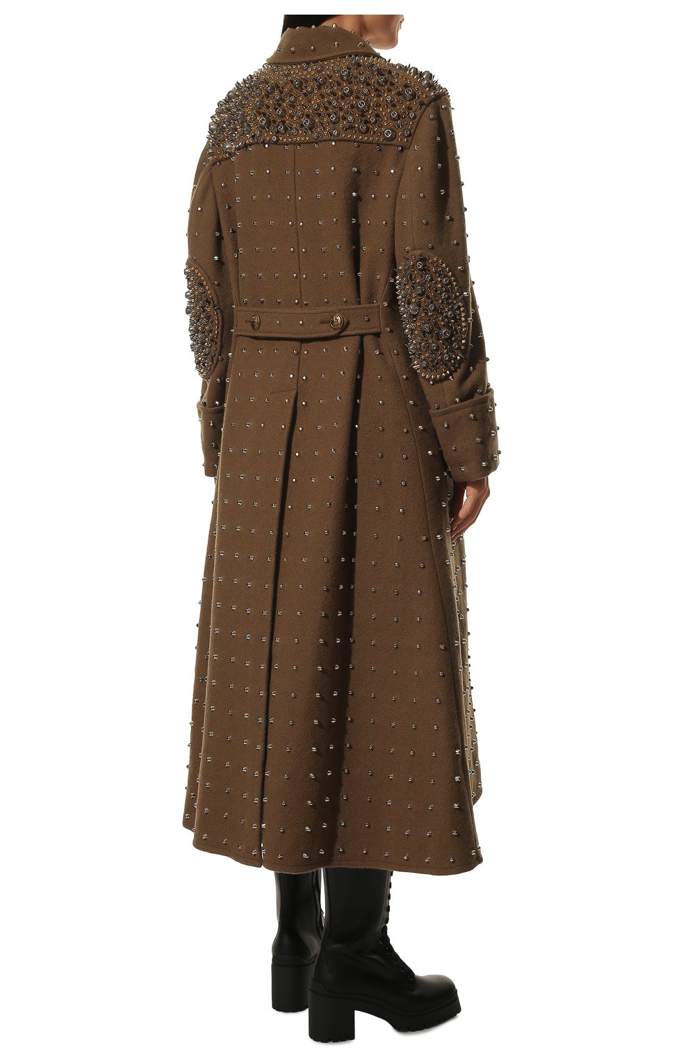 Женское шерстяное пальто MIU MIU темно-коричневого цвета, арт. MS1860-1ZQT-F0046 | Фото 4 (Материал внешний: Шерсть; Рукава: Длинные; �Стили: Гламурный; Длина (верхняя одежда): Длинные; 1-2-бортные: Однобортные)