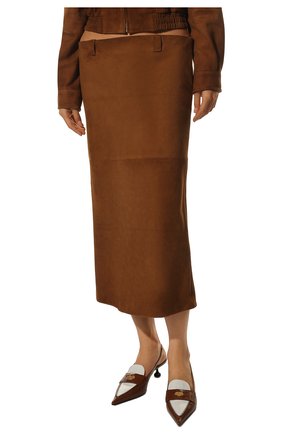 Женская замшевая юбка MIU MIU коричневого цвета, арт. MPD702-104R-F0401 | Фото 3 (Материал внешний: Замша, Натуральная кожа; Стили: Гламурный; Женское Кросс-КТ: Юбка-одежда; Длина Ж (юбки, платья, шорты): Миди)