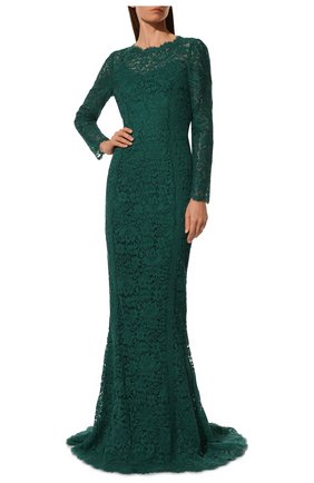 Женское кружевное платье DOLCE & GABBANA зеленого цвета, арт. F67T3T/HLMQQ | Фото 2 (Материал подклада: Шелк; Рукава: Длинные; Длина Ж (юбки, платья, шорты): Макси; Материал внешний: Синтетический материал)