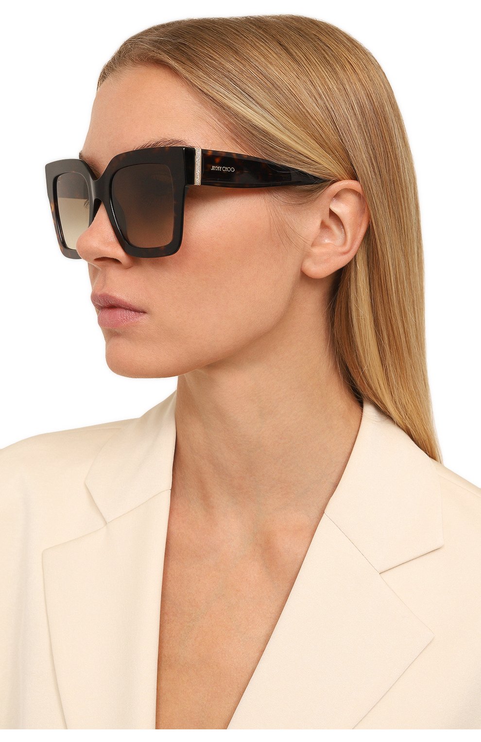 Женские солнцезащитные очки JIMMY CHOO темно-коричневого цвета, арт. EDNA 086 | Фото 2 (Материал: Пластик; Тип очков: С/з; Очки форма: Квадратные; Оптика Гендер: оптика-женское)