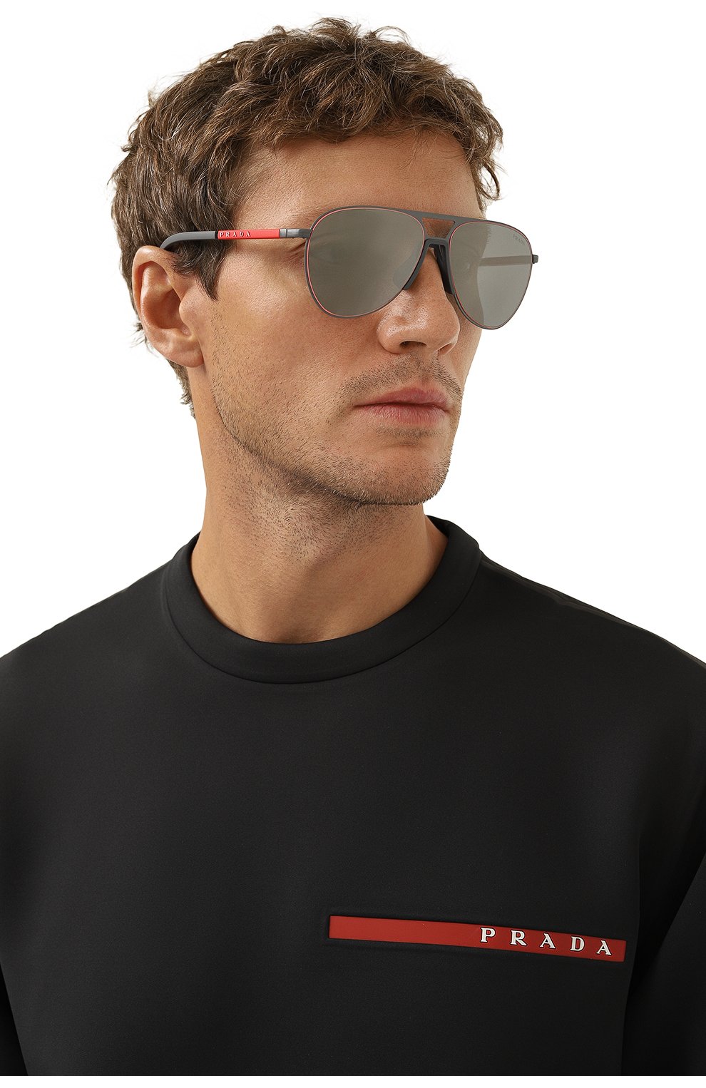 Мужские солнцезащитные очки PRADA серого цвета, арт. SPS51X-ETWW-FE09L-059 | Фото 2 (Кросс-КТ: С/з-мужское; Тип очков: С/з; Очки форма: Авиаторы; Оптика Гендер: оптика-мужское)