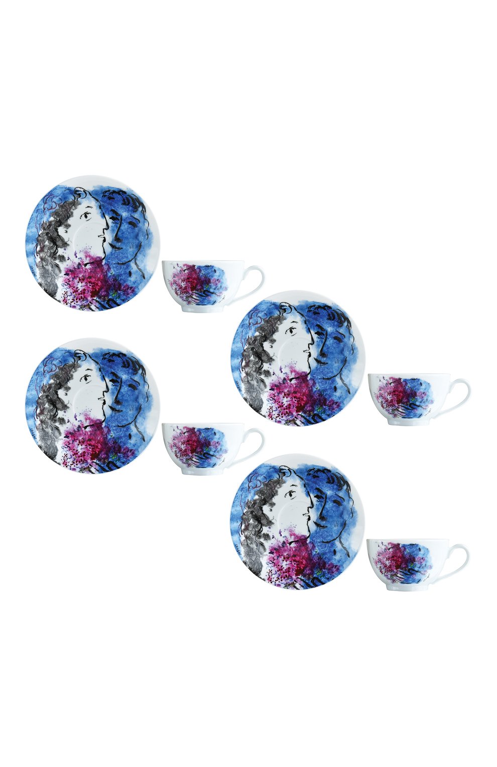 Набор les bouquets de fleurs de marc chagall из 4-х чашек с блюдцами BERNARDAUD синего цвета, арт. 1828/22666 | Фото 1 (Ограничения доставки: fragile-2)