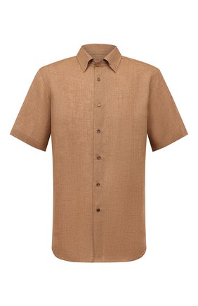 Мужская льняная рубашка BRIONI бежевого цвета, арт. SCDG0L/P9111 | Фото 1 (Рукава: Короткие; Длина (для топов): Стандартные; Материал внешний: Лен)