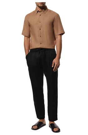Мужская льняная рубашка BRIONI бежевого цвета, арт. SCDG0L/P9111 | Фото 2 (Рукава: Короткие; Длина (для топов): Стандартные; Материал внешний: Лен)