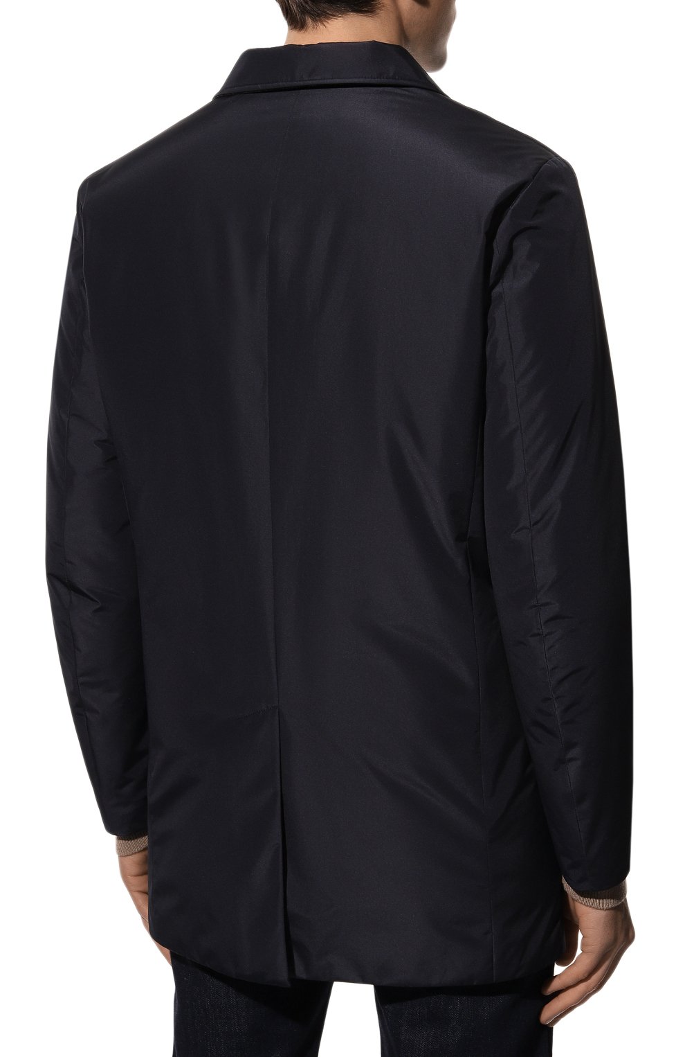 Мужская пуховая куртка CANALI темно-синего цвета, арт. 010408C/SG01774 | Фото 4 (Мужское Кросс-КТ: Плащ-верхняя одежда; Рукава: Длинные; Длина (верхняя одежда): До середины бедра; Материал внешний: Синтетический материал; Стили: Классический, Кэжуэл; Материал подклада: Синтетический материал; Материал утеплителя: Пух и перо)