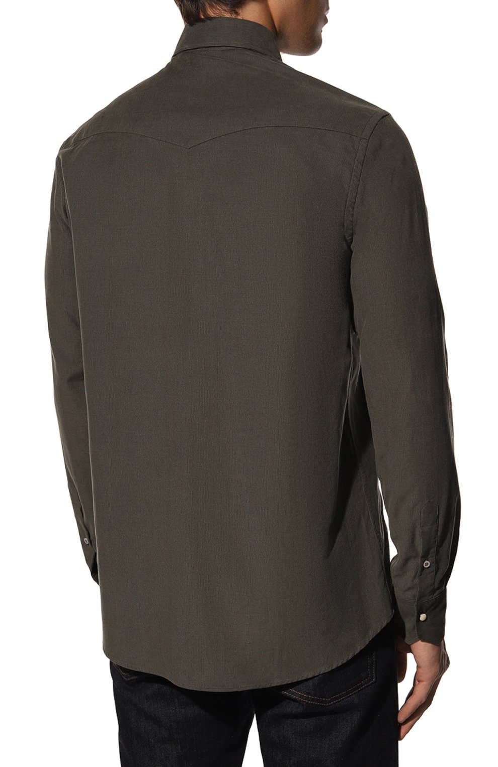 Мужская хлопковая рубашка MOORER темно-зеленого цвета, арт. GARRET-M3/M0UCM100009-TEPAB82 | Фото 4 (Рукава: Длинные; Манжеты: На кнопках; Воротник: Акула; Случай: Повседневный; Длина (для топов): Стандартные; Стили: Милитари; Материал внешний: Хлопок; Принт: Однотонные)