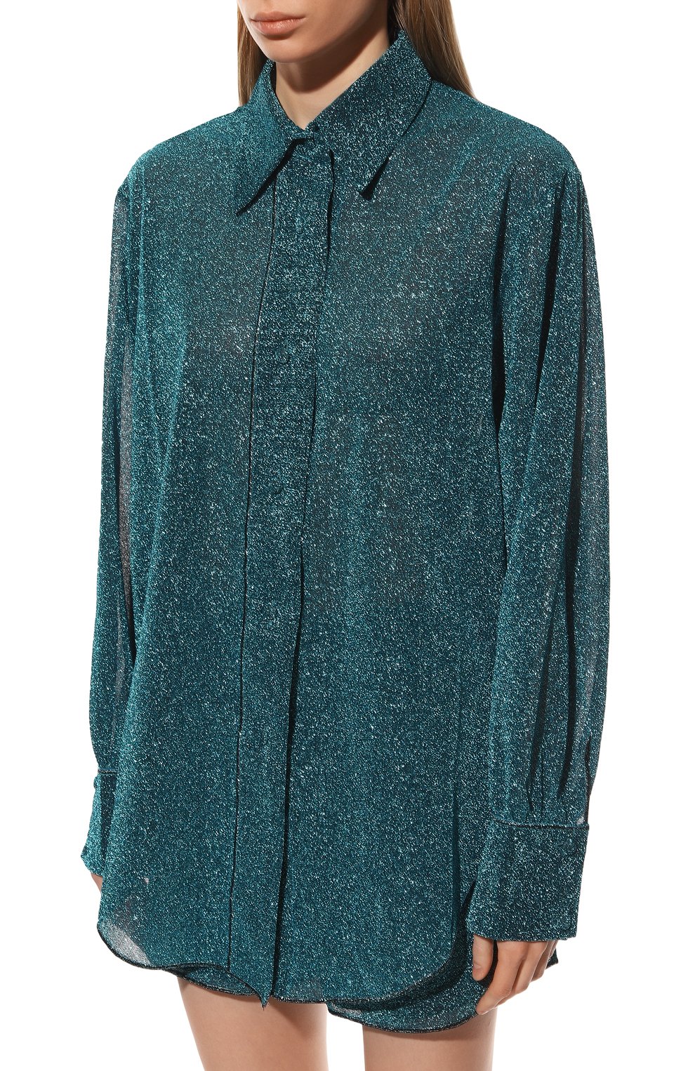 Женская рубашка OSEREE голубого цвета, арт. LSF202/LUREX/0CEAN BLUE | Фото 3 (Женское Кросс-КТ: Блуза-пляжная одежда, Рубашка-одежда; Рукава: Длинные; Принт: Без принта; Материал внешний: Синтетический материал, Металлизированное волокно; Длина (для топов): Удлиненные; Стили: Романтичный)