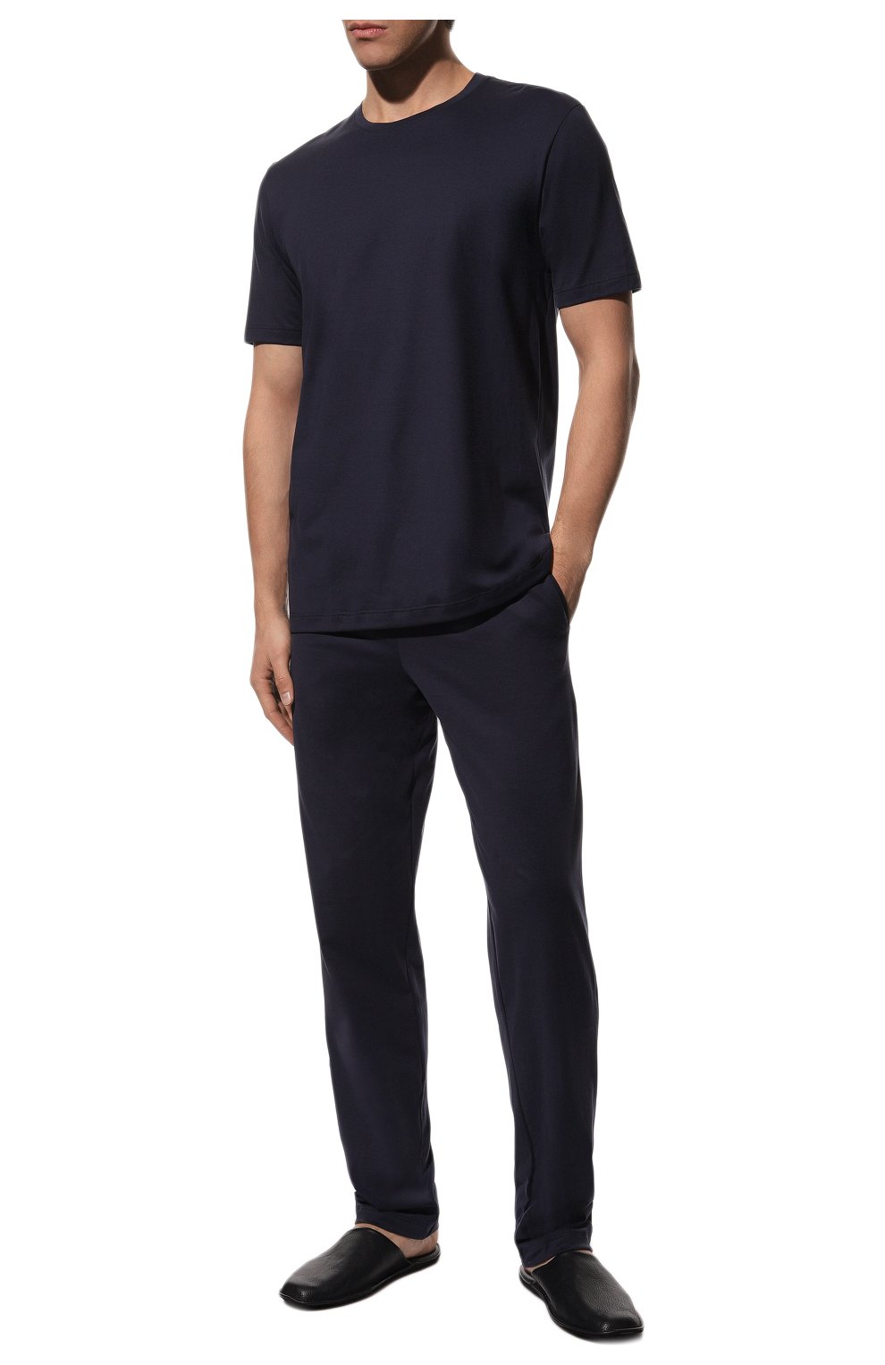 Мужская хлопковая футболка HANRO темно-синего цвета, арт. 075430. | Фото 2 (Кросс-КТ: домашняя одежда; Рукава: Короткие; Длина (для топов): Удлиненные; Материал внешний: Хлопок)