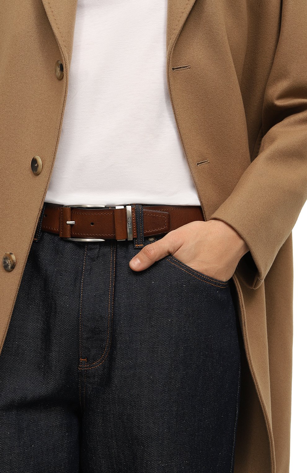 Мужской кожаный ремень BOSS коричневого цвета, арт. 50486974 | Фото 2 (Случай: Повседневный; Материал: Натуральная кожа)
