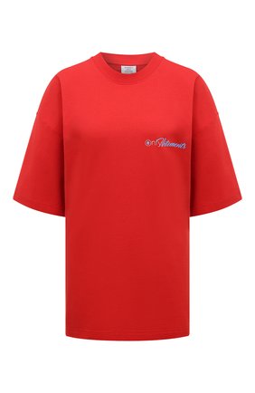 Женская хлопковая футболка VETEMENTS красного цвета, арт. UA63TR161R | Фото 1 (Материал внешний: Хлопок; Длина (для топов): Удлиненные; Стили: Спорт-шик; Принт: С принтом; Женское Кросс-КТ: Футболка-одежда; Рукава: Короткие)