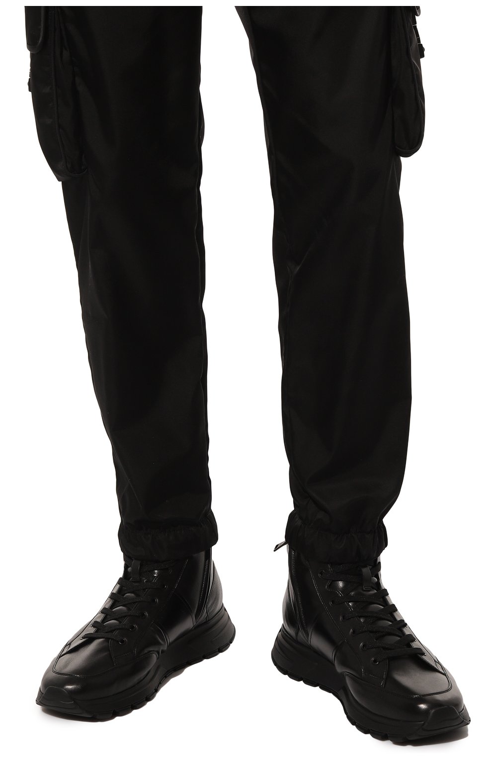 Мужские кожаные кроссовки PRADA черного цвета, арт. 4T3471-A3B-F0002-A000 | Фото 3 (Материал внешний: Текстиль, Шерсть; Материал утеплителя: Натуральный мех, Шерсть; Стили: Классический; Подошва: Массивная)