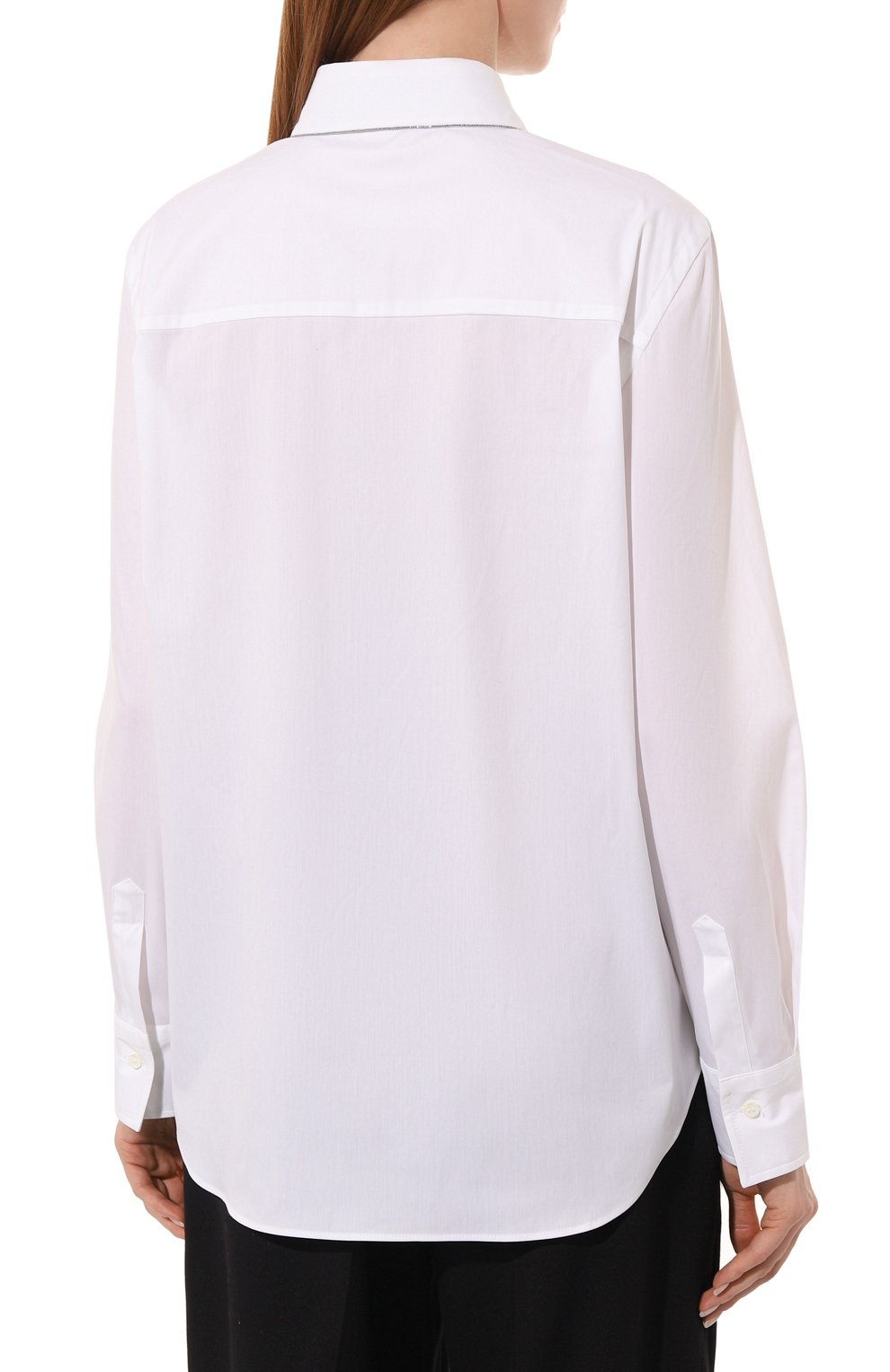 Женская хлопковая рубашка BRUNELLO CUCINELLI белого цвета, арт. M0091B1002 | Фото 4 (Рукава: Длинные; Принт: Без принта; Женское Кросс-КТ: Рубашка-одежда; Длина (для топов): Стандартные; Материал внешний: Хлопок; Стили: Кэжуэл)