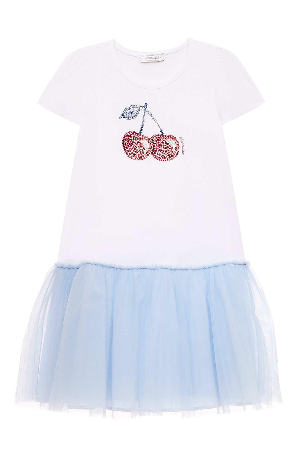 Детское хлопковое платье MONNALISA голубого цвета, арт. 11A902 | Фото 1 (Рукава: Короткие; Случай: Повседневный; Материал внешний: Хлопок; Девочки Кросс-КТ: Платье-одежда; Материал подклада: Хлопок)