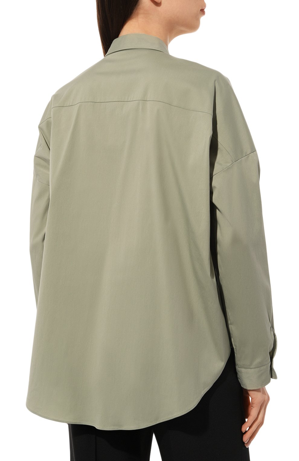 Женская хлопковая рубашка BRUNELLO CUCINELLI светло-зеленого цвета, арт. M0091B1001 | Фото 4 (Рукава: Длинные; Принт: Без принта; Женское Кросс-КТ: Рубашка-одежда; Длина (для топов): Удлиненные; Материал внешний: Хлопок; Стили: Кэжуэл)