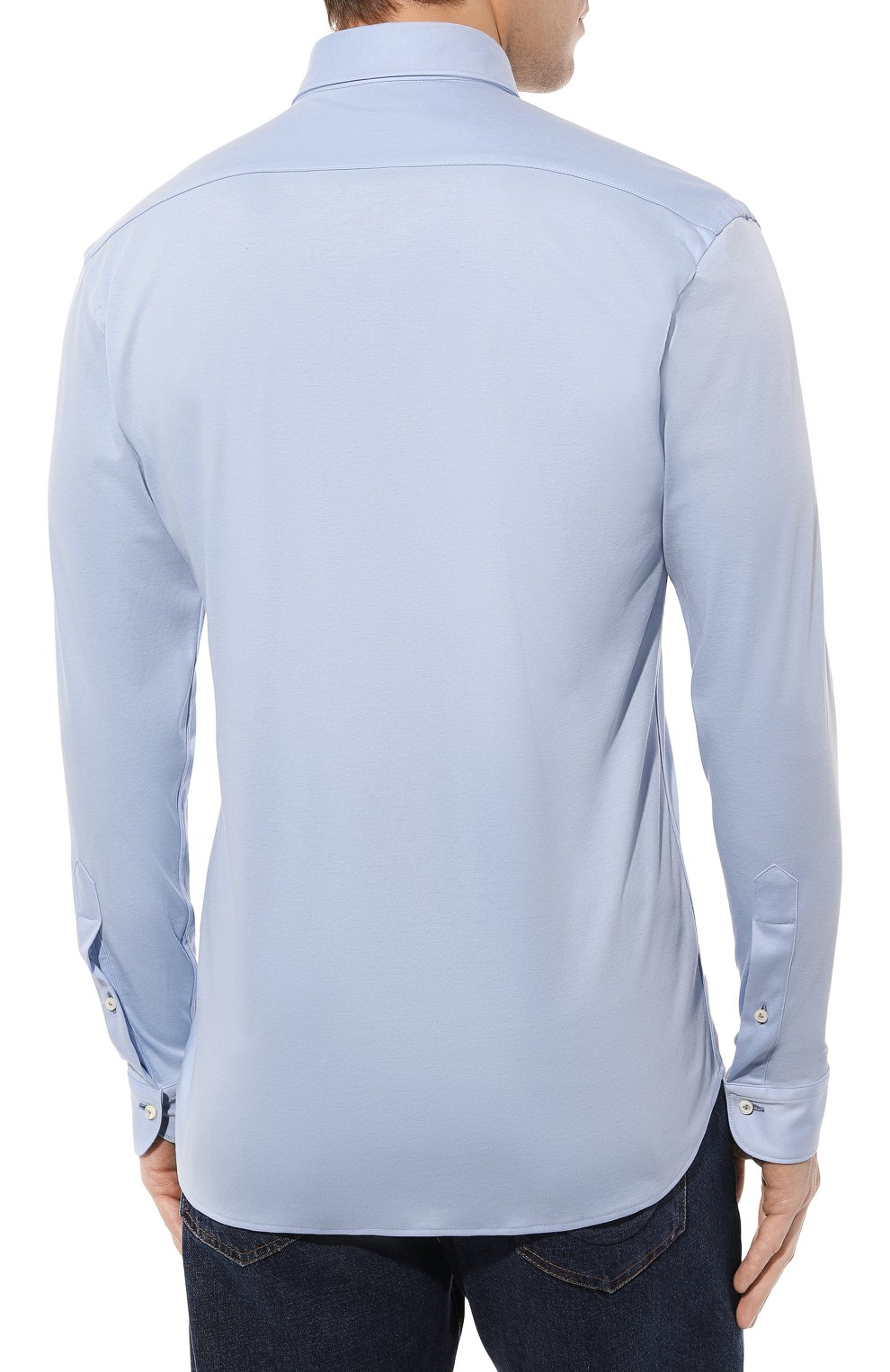 Мужская хлопковая рубашка VAN LAACK голубого цвета, арт. PER-L/180031 | Фото 4 (Манжеты: На пуговицах; Рукава: Длинные; Рубашки М: Regular Fit; Воротник: Акула; Случай: Повседневный; Длина (для топов): Стандартные; Материал внешний: Хлопок; Принт: Однотонные; Стили: Кэжуэл)