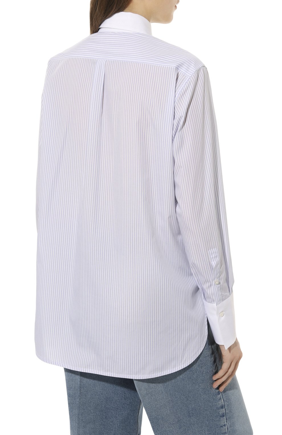 Женская хлопковая рубашка MRZ светло-голубого цвета, арт. S23-0316 | Фото 4 (Рукава: Длинные; Принт: Полоска, С принтом; Женское Кросс-КТ: Рубашка-одежда; Длина (для топов): Удлиненные; Материал внешний: Хлопок; Стили: Кэжуэл)