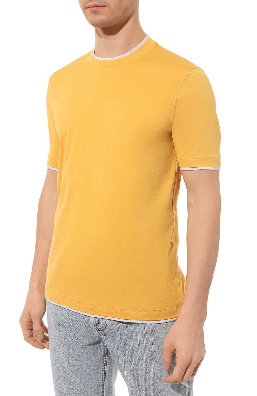 Мужская хлопковая футболка BRUNELLO CUCINELLI желтого цвета, арт. M0T617427 | Фото 3 (Принт: Без принта; Рукава: Короткие; Длина (для топов): Стандартные; Материал внешний: Хлопок; Размерность: Маломерит; Стили: Кэжуэл)