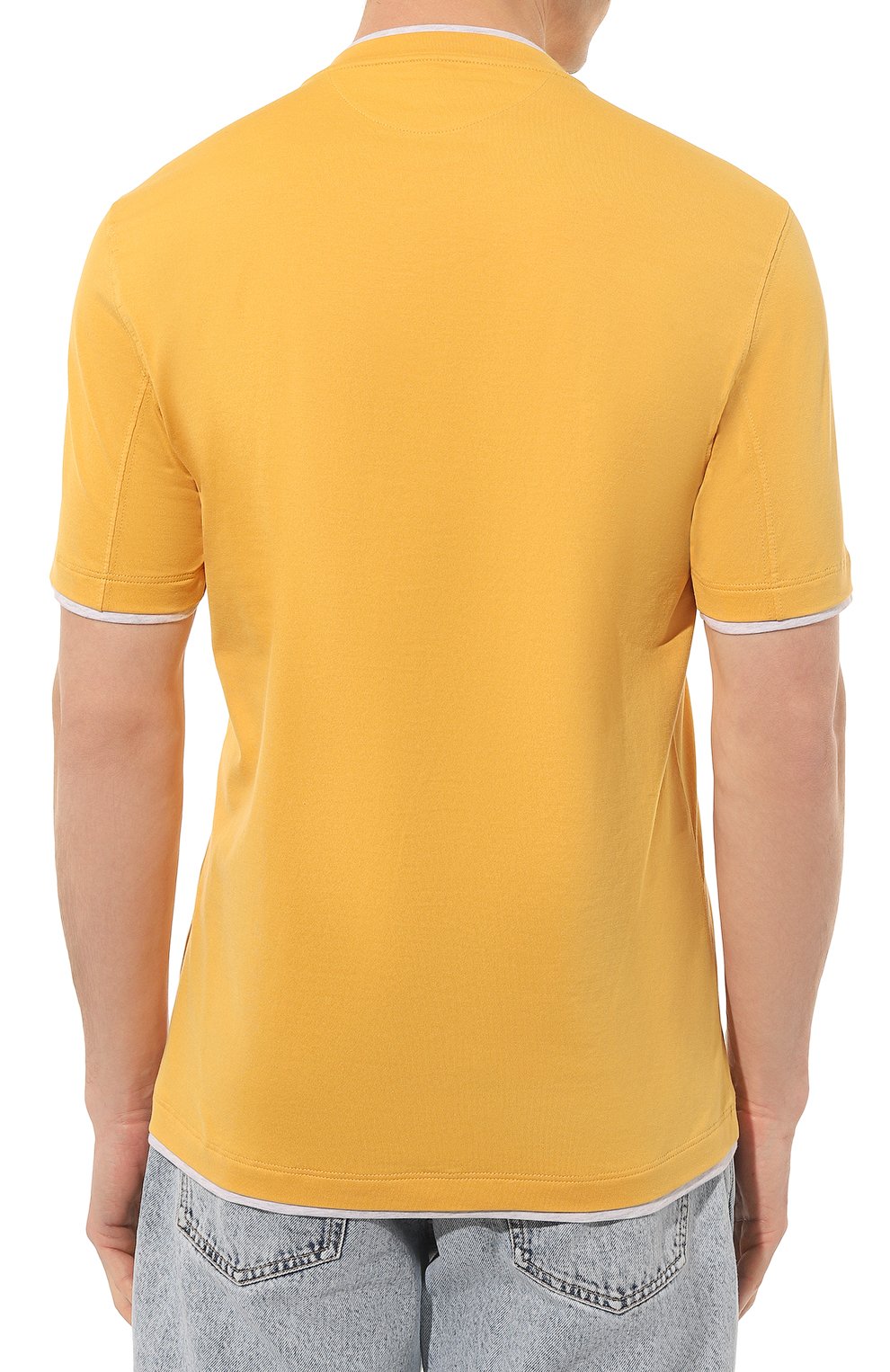 Мужская хлопковая футболка BRUNELLO CUCINELLI желтого цвета, арт. M0T617427 | Фото 4 (Принт: Без принта; Рукава: Короткие; Длина (для топов): Стандартные; Материал внешний: Хлопок; Размерность: Маломерит; Стили: Кэжуэл)