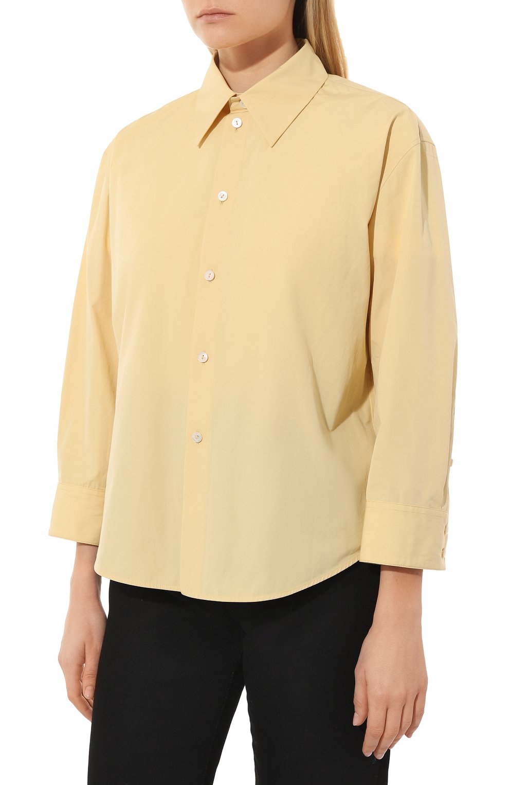 Женская хлопковая рубашка JIL SANDER желтого цвета, арт. J02DL0002/J45146 | Фото 3 (Рукава: Длинные; Принт: Без принта; Женское Кросс-КТ: Рубашка-одежда; Длина (для топов): Стандартные; Материал внешний: Хлопок; Стили: Кэжуэл)