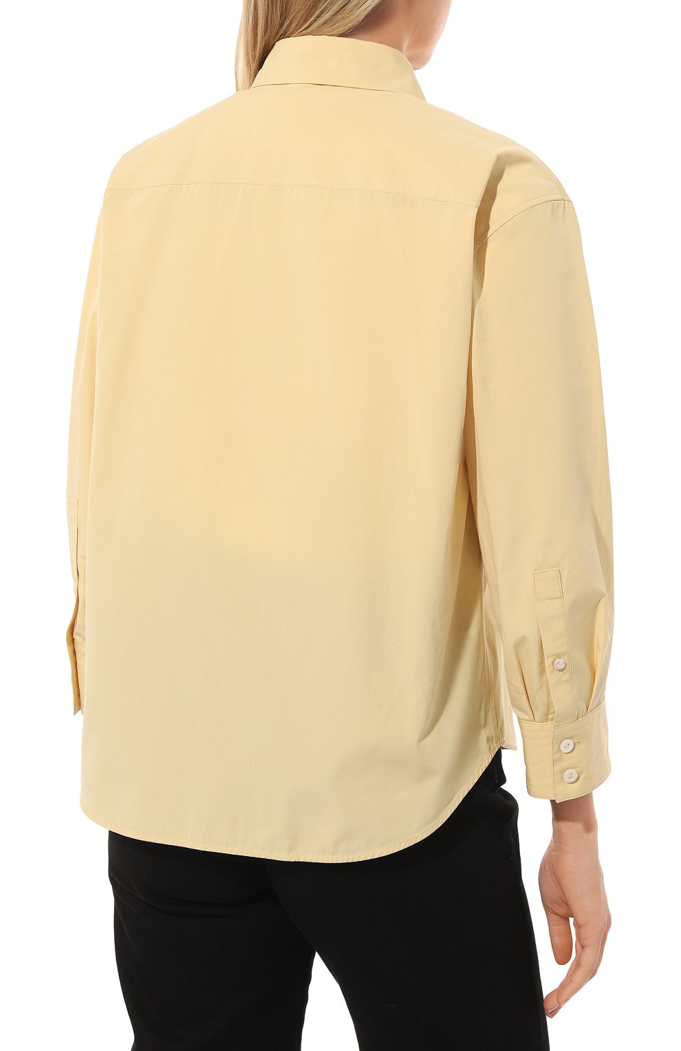 Женская хлопковая рубашка JIL SANDER желтого цвета, арт. J02DL0002/J45146 | Фото 4 (Рукава: Длинные; Принт: Без принта; Женское Кросс-КТ: Рубашка-одежда; Длина (для топов): Стандартные; Материал внешний: Хлопок; Стили: Кэжуэл)
