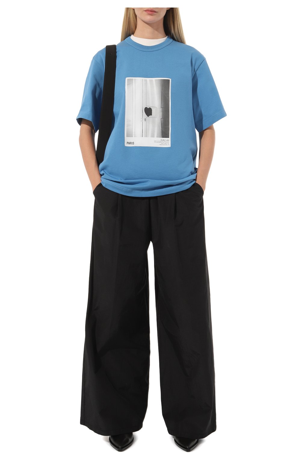 Женская хлопковая футболка HELMUT LANG голубого цвета, арт. M05HM537 | Фото 2 (Рукава: Короткие; Принт: С принтом; Длина (для топов): Удлиненные; Материал внешний: Хлопок; Стили: Спорт-шик; Женское Кросс-КТ: Футболка-одежда)