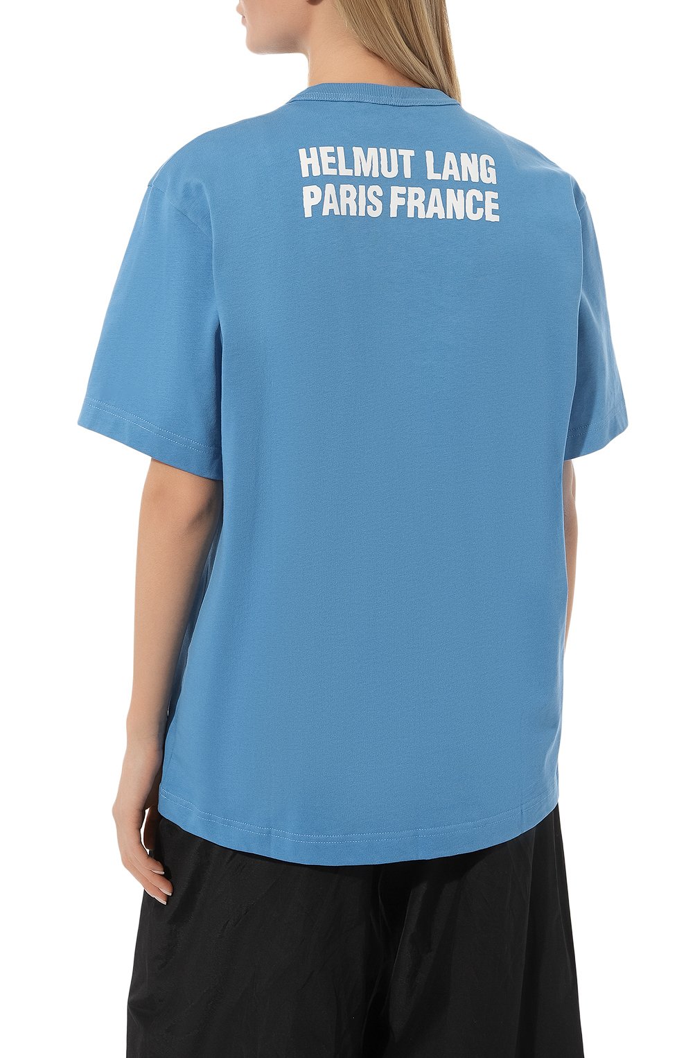 Женская хлопковая футболка HELMUT LANG голубого цвета, арт. M05HM537 | Фото 4 (Рукава: Короткие; Принт: С принтом; Длина (для топов): Удлиненные; Материал внешний: Хлопок; Стили: Спорт-шик; Женское Кросс-КТ: Футболка-одежда)