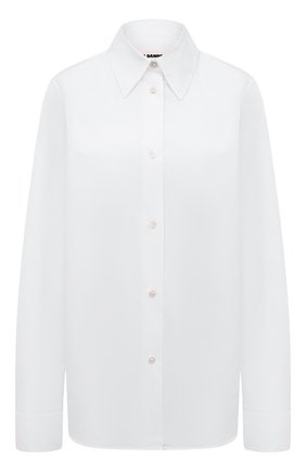 Женская хлопковая рубашка JIL SANDER белого цвета, арт. J04DL0003/J45001 | Фото 1 (Рукава: Длинные; Принт: Без принта; Женское Кросс-КТ: Рубашка-одежда; Длина (для топов): Удлиненные; Материал внешний: Хлопок; Стили: Кэжуэл)