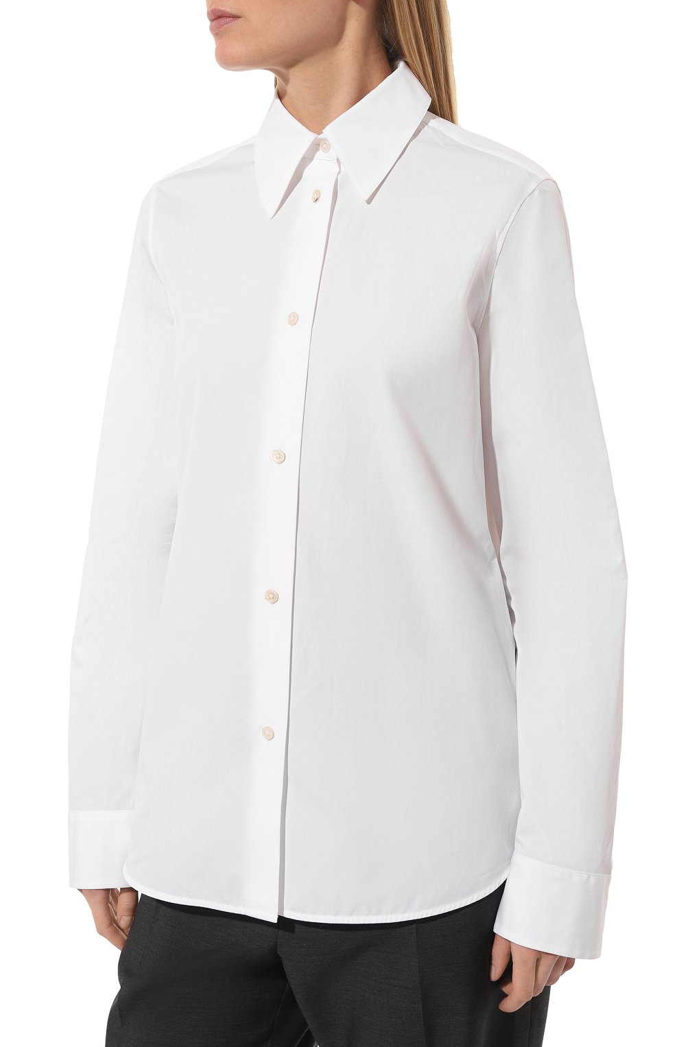 Женская хлопковая рубашка JIL SANDER белого цвета, арт. J04DL0003/J45001 | Фото 3 (Рукава: Длинные; Принт: Без принта; Женское Кросс-КТ: Рубашка-одежда; Длина (для топов): Удлиненные; Материал внешний: Хлопок; Стили: Кэжуэл)