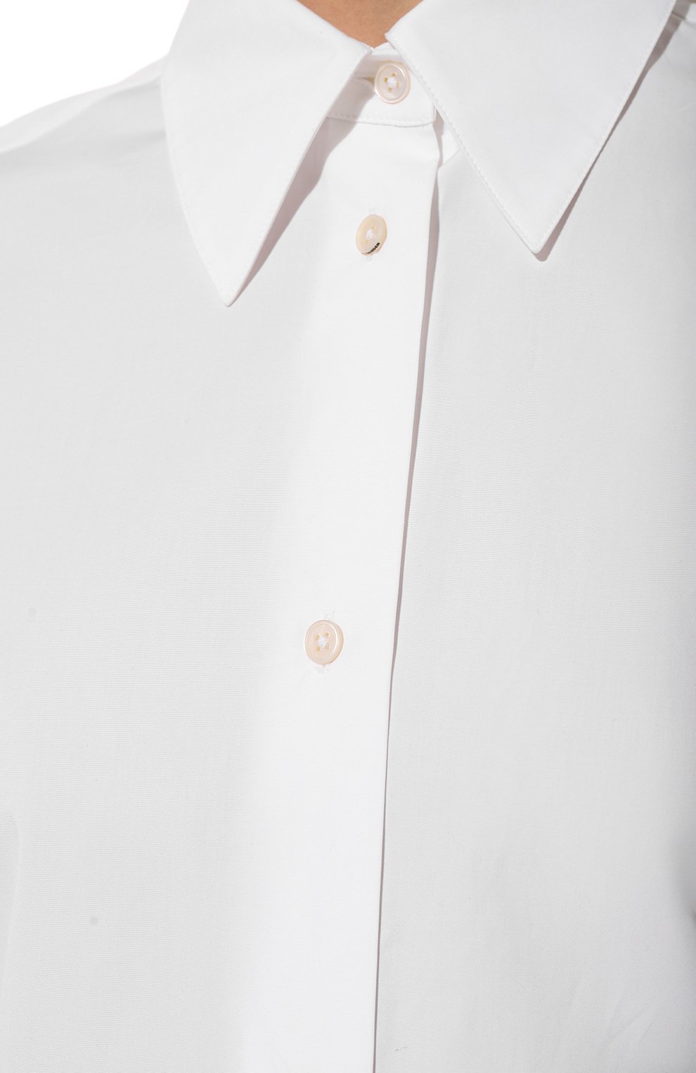 Женская хлопковая рубашка JIL SANDER белого цвета, арт. J04DL0003/J45001 | Фото 5 (Рукава: Длинные; Принт: Без принта; Женское Кросс-КТ: Рубашка-одежда; Длина (для топов): Удлиненные; Материал внешний: Хлопок; Стили: Кэжуэл)