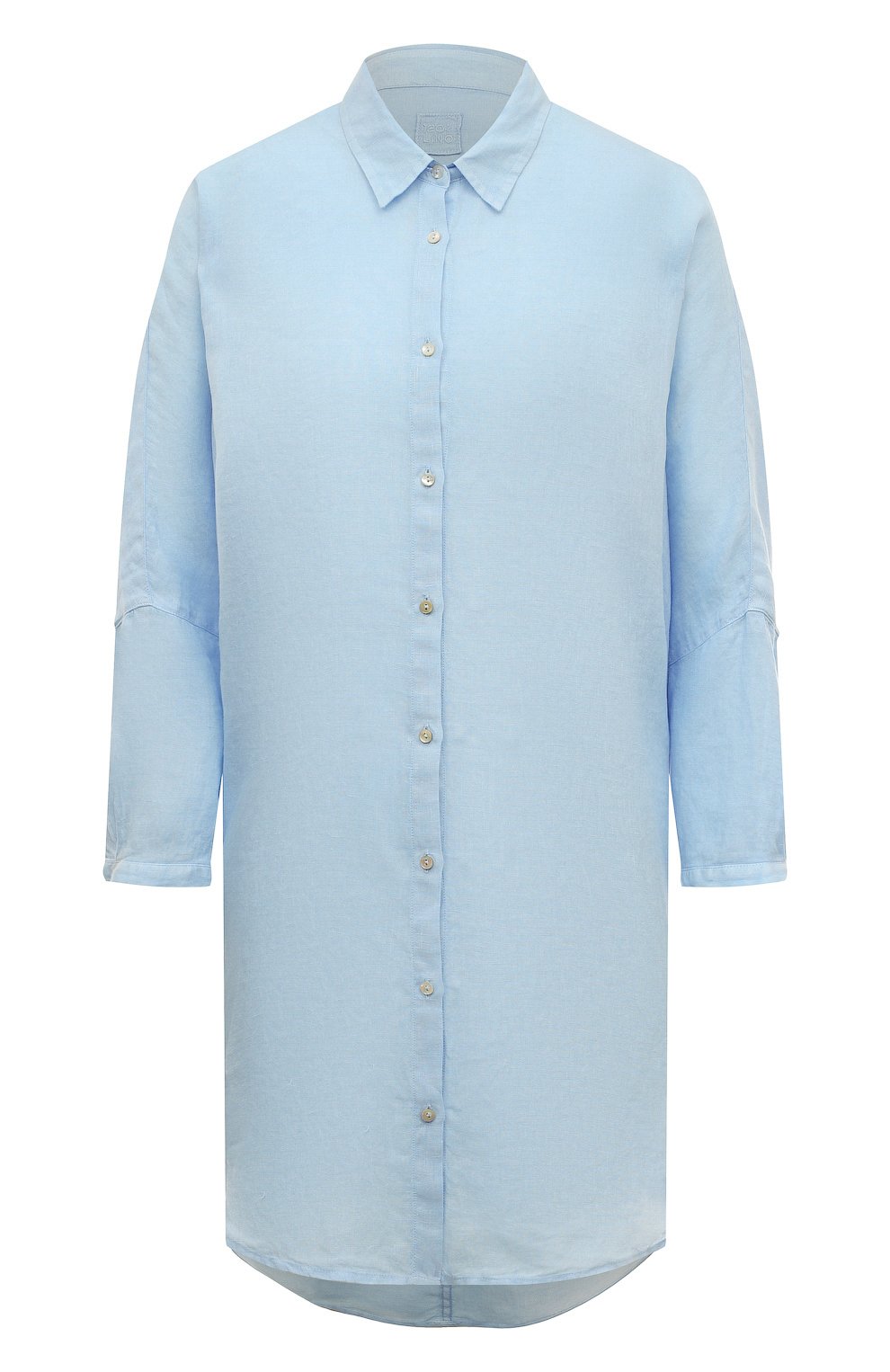 Женская льняная рубашка 120% LINO голубого цвета, арт. Y0W1290/D703/000 | Фото 1 (Рукава: Длинные; Принт: Без принта; Женское Кросс-КТ: Рубашка-одежда; Длина (для топов): Удлиненные; Материал внешний: Лен; Стили: Минимализм)