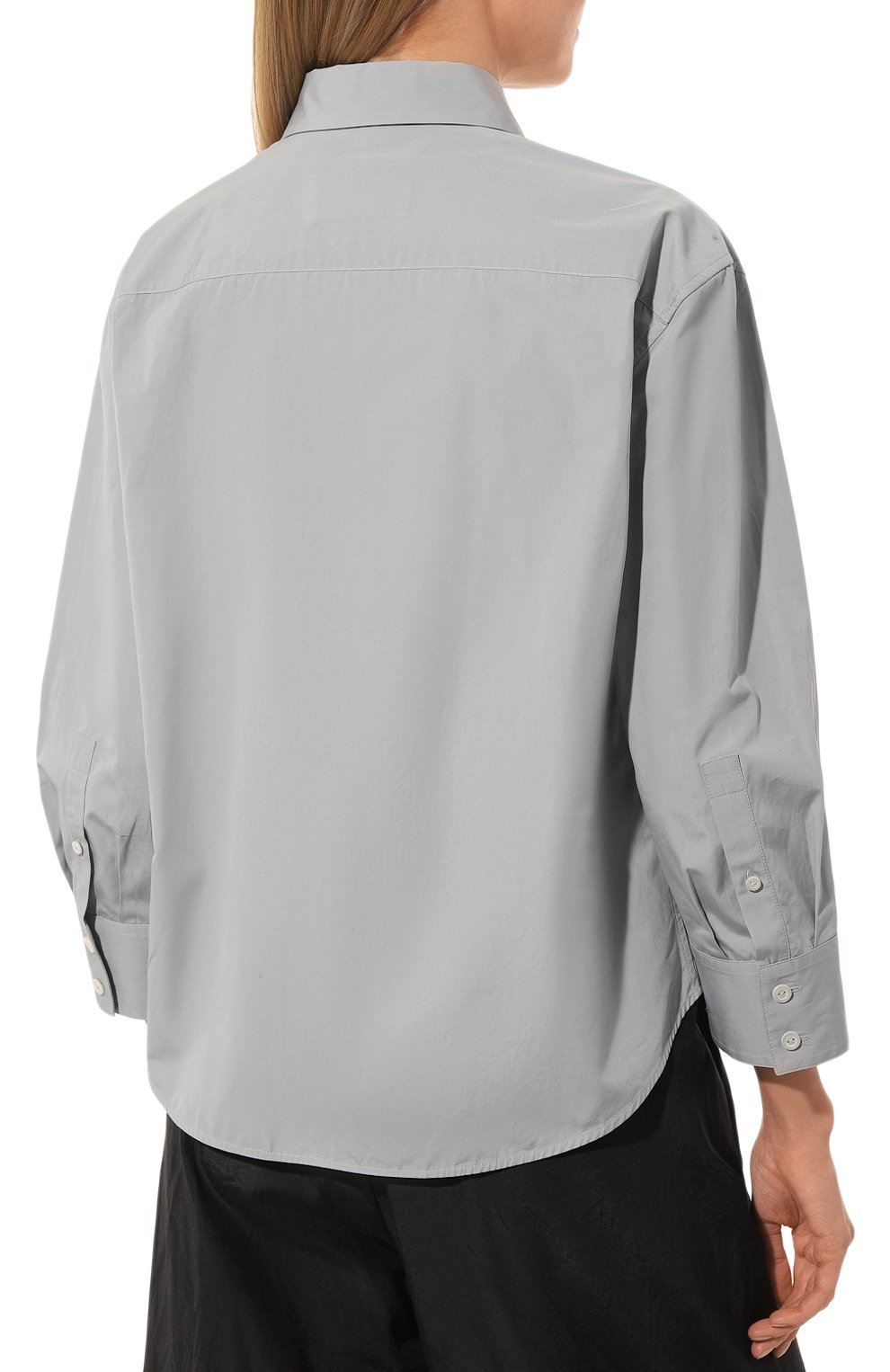 Женская хлопковая рубашка JIL SANDER серого цвета, арт. J02DL0002/J45146 | Фото 4 (Рукава: Длинные; Принт: Без принта; Женское Кросс-КТ: Рубашка-одежда; Длина (для топов): Стандартные; Материал внешний: Хлопок; Стили: Минимализм)