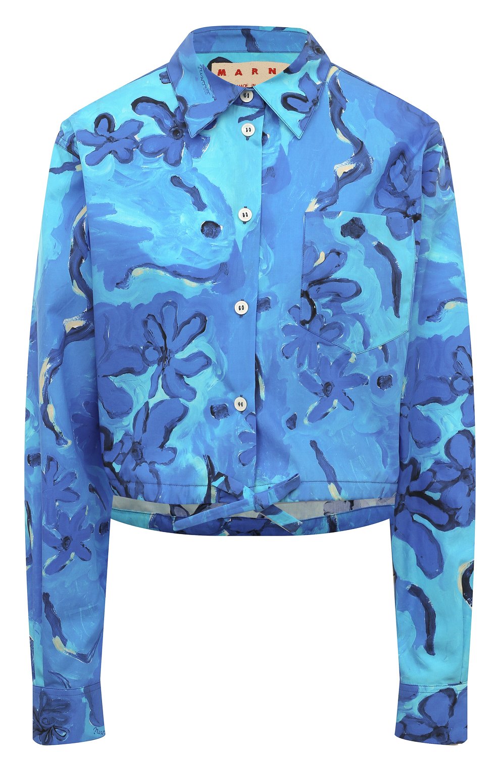 Женская хлопковая рубашка MARNI голубого цвета, арт. CAMA0526A0/UTC230 | Фото 1 (Рукава: Длинные; Женское Кросс-КТ: Рубашка-одежда; Принт: С принтом; Материал внешний: Хлопок; Длина (для топов): Укороченные; Стили: Романтичный)