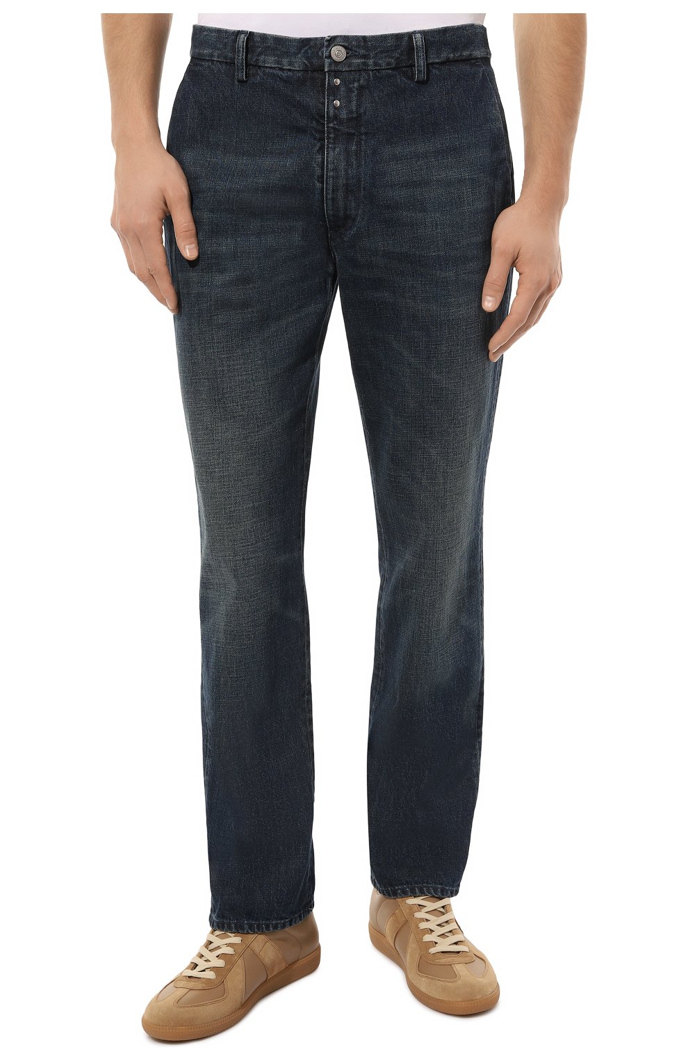 Мужские джинсы MM6 синего цвета, арт. S52KA0416/S30844 | Фото 3 (Силуэт М (брюки): Прямые; Кросс-КТ: Деним; Длина (брюки, джинсы): Стандартные; Материал внешний: Хлопок, Деним; Детали: Потертости; Стили: Кэжуэл)