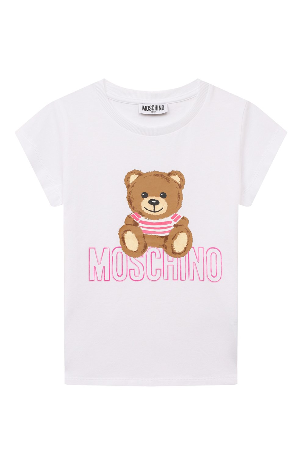 Детская хлопковая футболка MOSCHINO белого цвета, арт. HJM042/LBA00/4-8 | Фото 1 (Девочки Кросс-КТ: футболка-одежда; Рукава: Короткие; Материал внешний: Хлопок)