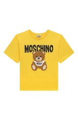 Детская хлопковая футболка MOSCHINO желтого цвета, арт. H0M03R/LAA23/4-8 | Фото 1 (Девочки Кросс-КТ: футболка-одежда; Рукава: Короткие; Материал внешний: Хлопок)